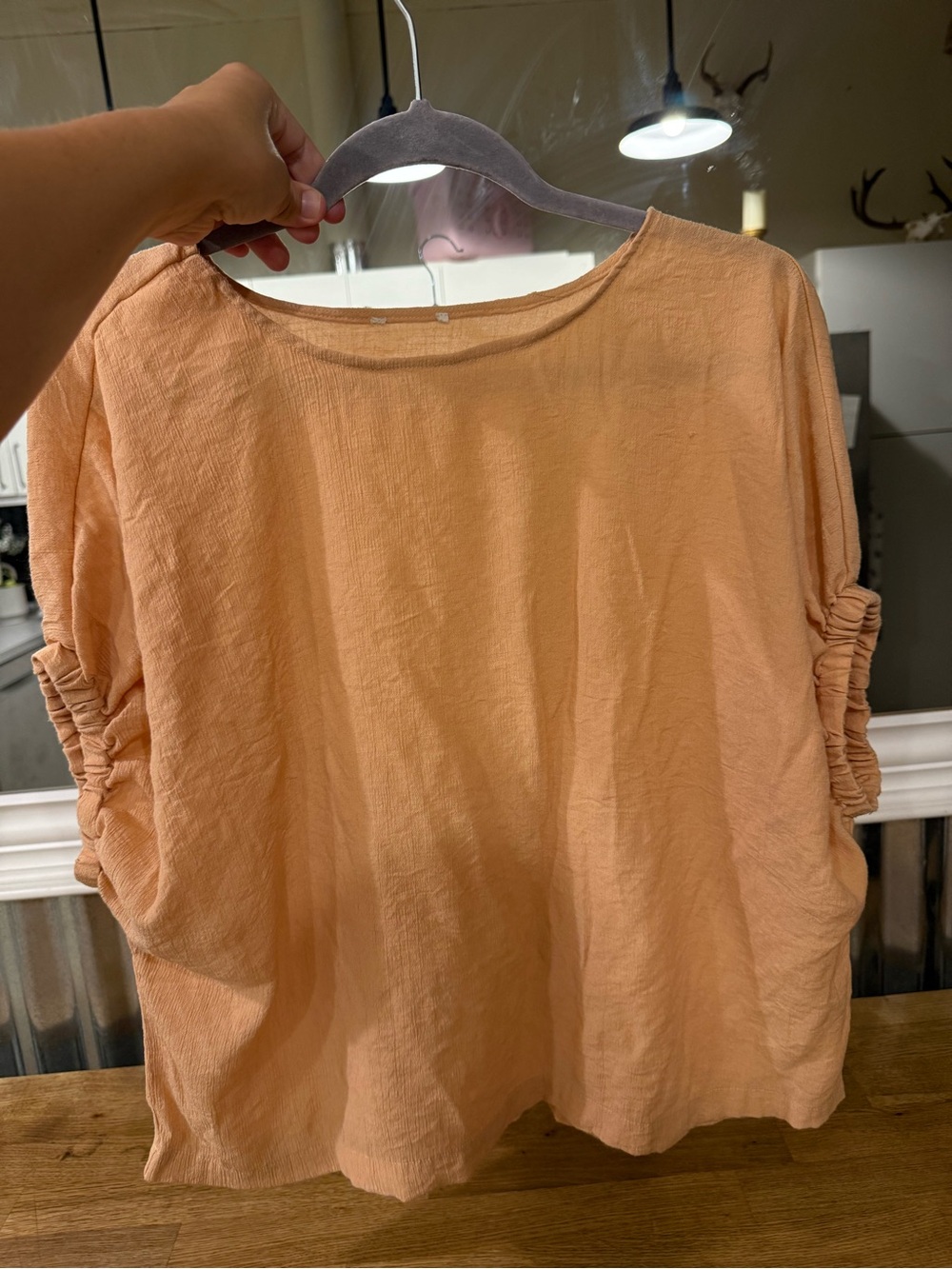 Women's Peach Ruched Sleeve Relaxed Top